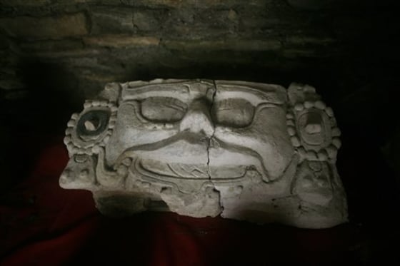 A ceramic head found in a Maya tomb sits on display at the Tonina archaeological site near Ocosingo village in Mexico's Chiapas state.
